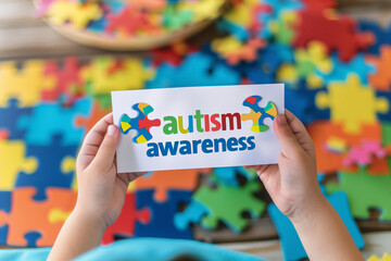 childs hands holding a white rectangular paper with text autism awareness, colorful puzzle pieces in the background