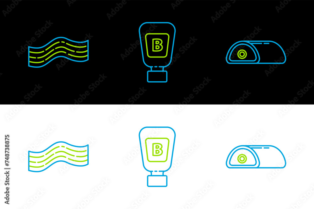 Poster set line meat, bacon stripe and sauce bottle icon. vector