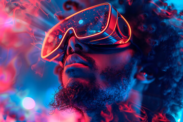 a man in virtual reality glasses, neon style