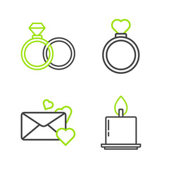 Set line Burning candle, Envelope with heart, Wedding rings and icon. Vector