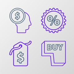 Set line Buy button, Price tag with dollar, Discount percent and Business man planning mind icon. Vector