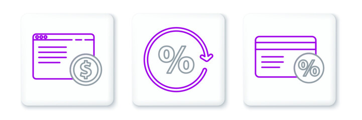 Set line Discount card with percent, Online shopping on screen and tag icon. Vector