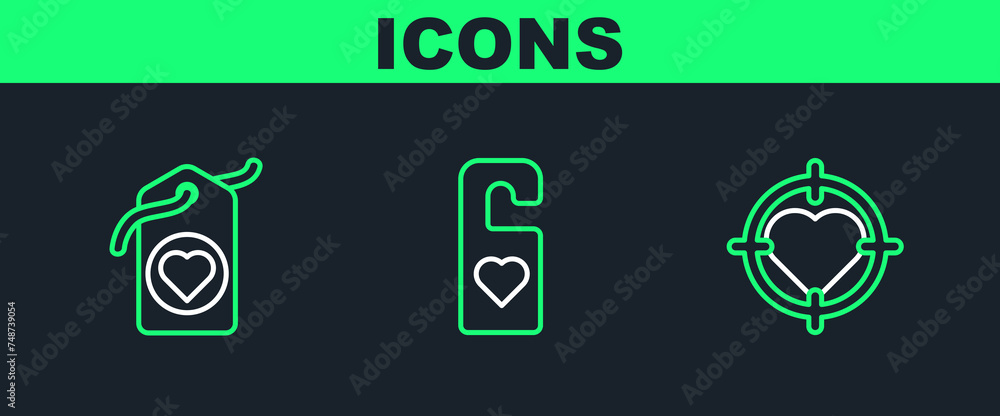 Poster set line heart in the center of darts target aim, tag and please do not disturb with heart icon. vec
