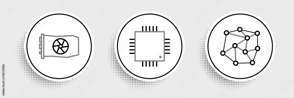 Poster set line neural network, video graphic card and processor with microcircuits cpu icon. vector