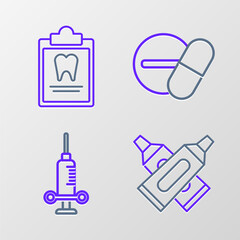 Set line Crossed tube of toothpaste, Dental medical syringe, Medicine pill or tablet and Clipboard with dental card icon. Vector