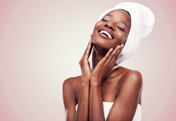Black woman, skin care and happy for beauty, studio and wellness in fresh look with smile and face...