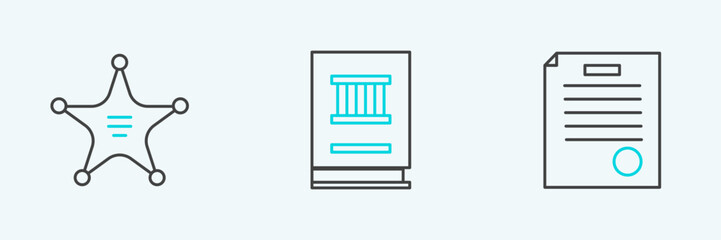 Set line The arrest warrant, Hexagram sheriff and Law book icon. Vector