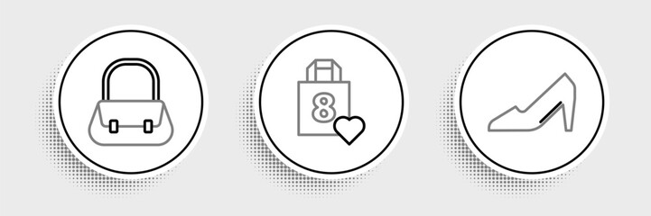 Set line Woman shoe, Handbag and Shopping with heart icon. Vector