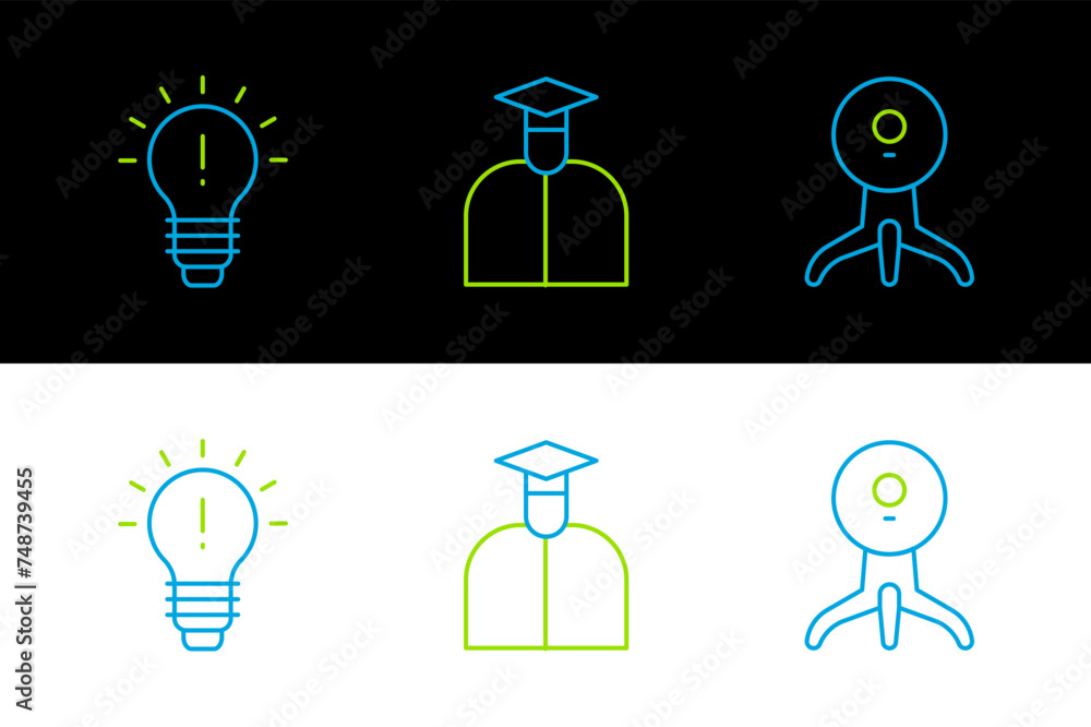 Poster set line web camera, light bulb with concept of idea and student icon. vector