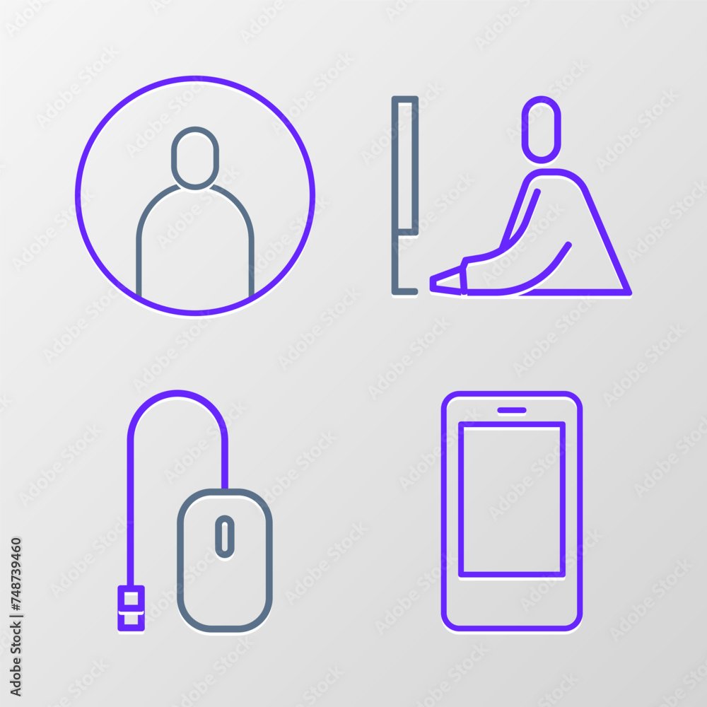 Poster set line mobile phone, computer mouse, student working at laptop and create account screen icon. vec