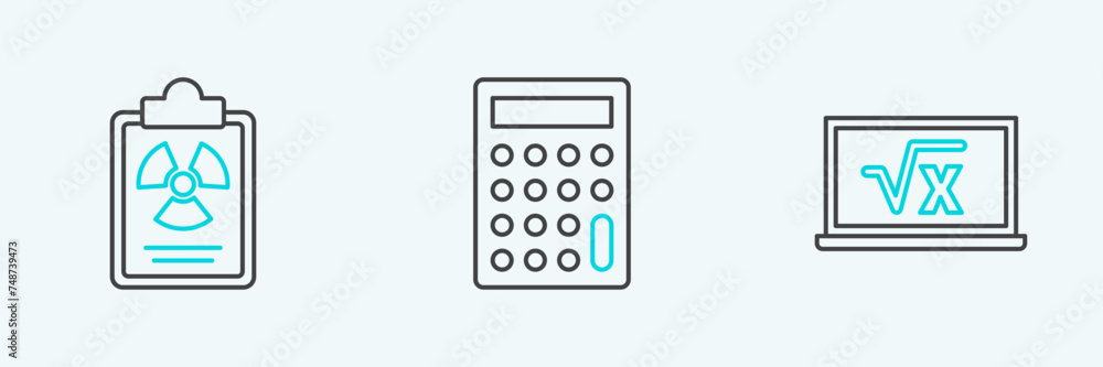 Poster set line square root of x glyph, radiation warning document and calculator icon. vector