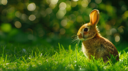 Fototapeta na wymiar Rabbit playing in the grassy garden