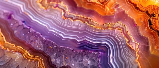 Poster Closeup of cross section of agate crystal from malawi with fine textured background with distinct vibrant orange and violet color wavy lines with tiny molecules of minerals © Iqra