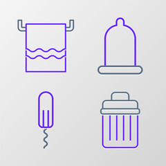 Set line Trash can, Sanitary tampon, Condom and Towel hanger icon. Vector