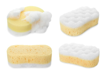Different yellow sponges isolated on white, set