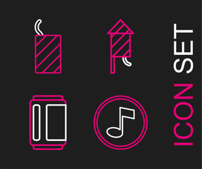 Set line Music note, tone, Beer can, Firework rocket and icon. Vector