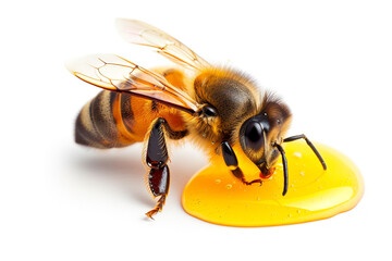 A Bee Surrounded by Drips of Honey on a White Background