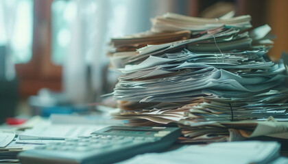 Pile of daunting tax documents beside a calculator - indicating the complexities of managing and preserving personal financial heritage.
