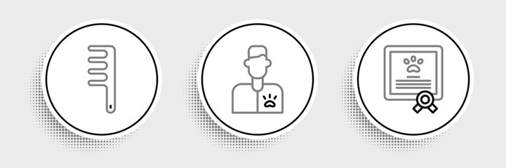 Set line Certificate for dog or cat, Hair brush and and Veterinarian doctor icon. Vector