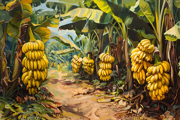 Hardworking farmers gather bananas in lush plantation fields, showcasing agricultural labor in tropical settings. - obrazy, fototapety, plakaty