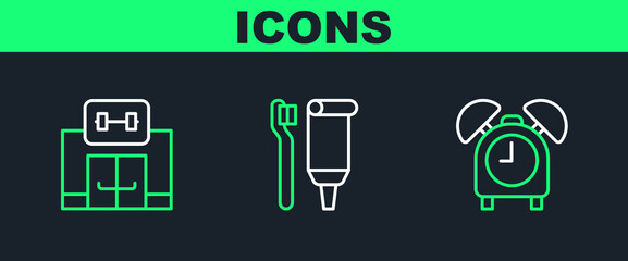 Set line Alarm clock, Gym building and Toothbrush and toothpaste icon. Vector