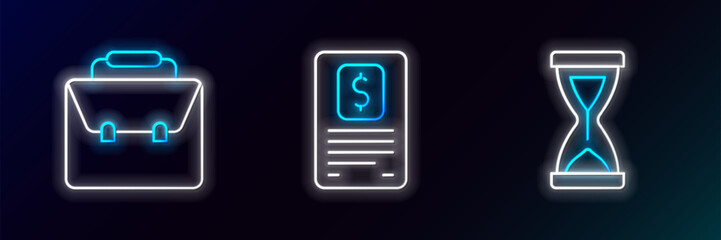 Set line Old hourglass, Briefcase and Business finance report icon. Glowing neon. Vector