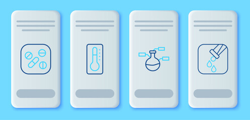 Set line Medical thermometer, Test tube and flask, Medicine pill or tablet and icon. Vector