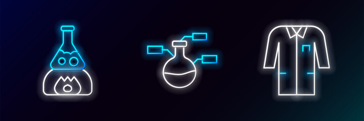 Set line Laboratory uniform, Test tube flask on fire and and icon. Glowing neon. Vector