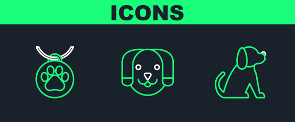 Set line Dog, Collar with name tag and icon. Vector