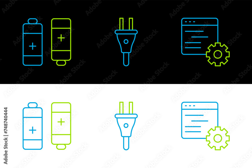 Poster set line computer api interface, battery and electric plug icon. vector