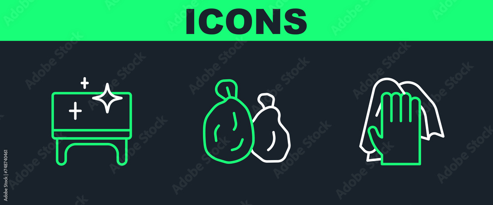 Poster set line cleaning service, table and garbage bag icon. vector