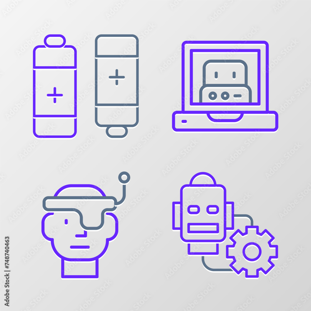 Poster set line robot setting, smart glasses, creating robot and battery icon. vector