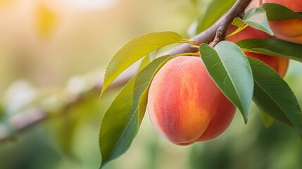 Close up of a ripe peach hanging on a tree branch with a vibrant garden background