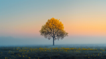 Morning Brilliance: Dynamic Yellowish and Light Blue Sky with Natural Tree Centerpiece