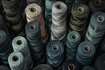 An intimate shot capturing the intricate textures and colors of individual spools of sewing thread, photo
