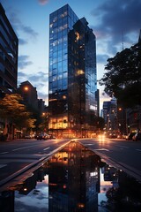 Fototapeta na wymiar Twilight Reflections: Skyscraper and Wet Urban Street at Dusk