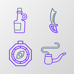 Set line Smoking pipe, Compass, Pirate sword and Alcohol drink Rum icon. Vector