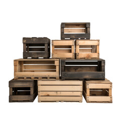 Set of Wooden Storage Crates in Various Sizes on transparent background