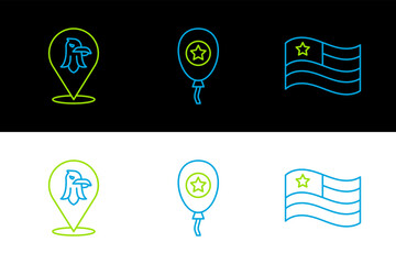 Set line American flag, Eagle and Balloons icon. Vector