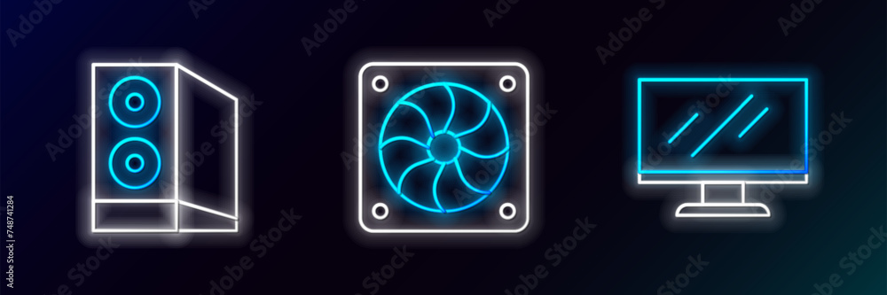 Poster set line computer monitor screen, case of computer and cooler icon. glowing neon. vector