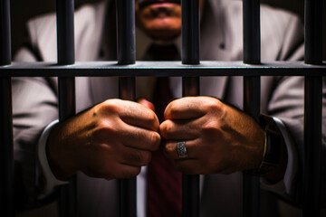 Fototapeta na wymiar Businessman's Hands Clasped on Prison Bars.