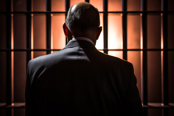 Silhouette of a Man in Suit Behind Prison Bars. - obrazy, fototapety, plakaty