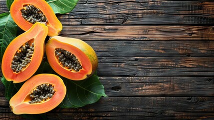 Papayas on Vintage Wood in Flat Lay Style

