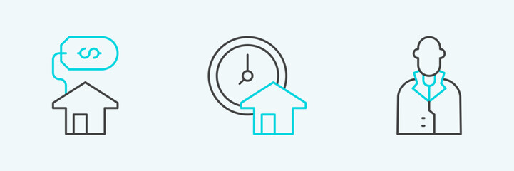 Set line Realtor, House with dollar and Time is money icon. Vector