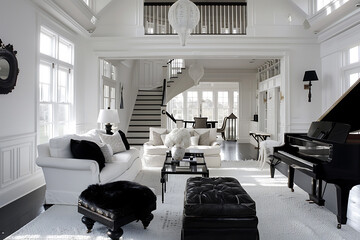 Stylish black and white apartment interior design, showcasing modern minimalism and sophisticated monochrome aesthetics