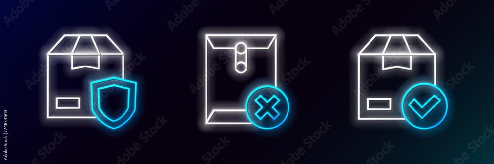 Poster set line ackage box with check mark, delivery security shield and delete envelope icon. glowing neon