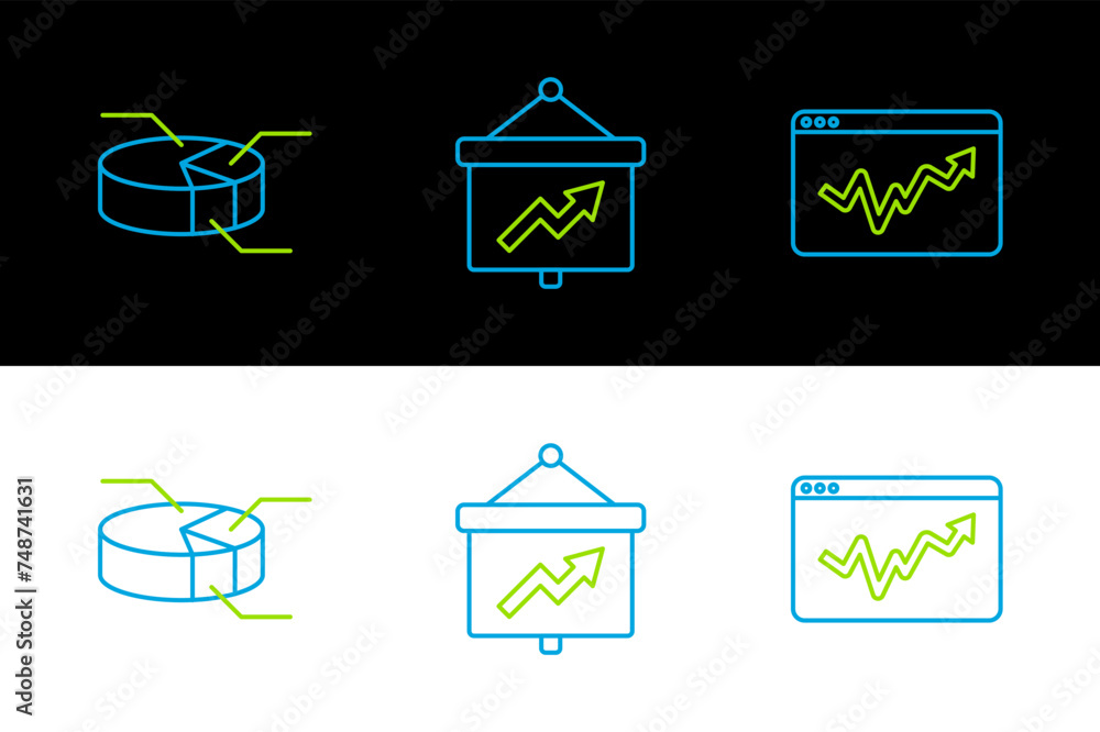 Poster set line graph chart infographic, pie and board with icon. vector
