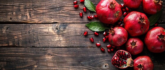 Pomegranates on Vintage Wood in Flat Lay Style

