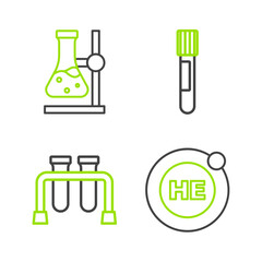 Set line Helium, Test tube, and flask on stand icon. Vector