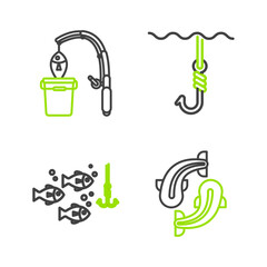 Set line Fish, Fishing hook under water with fish, and rod and icon. Vector